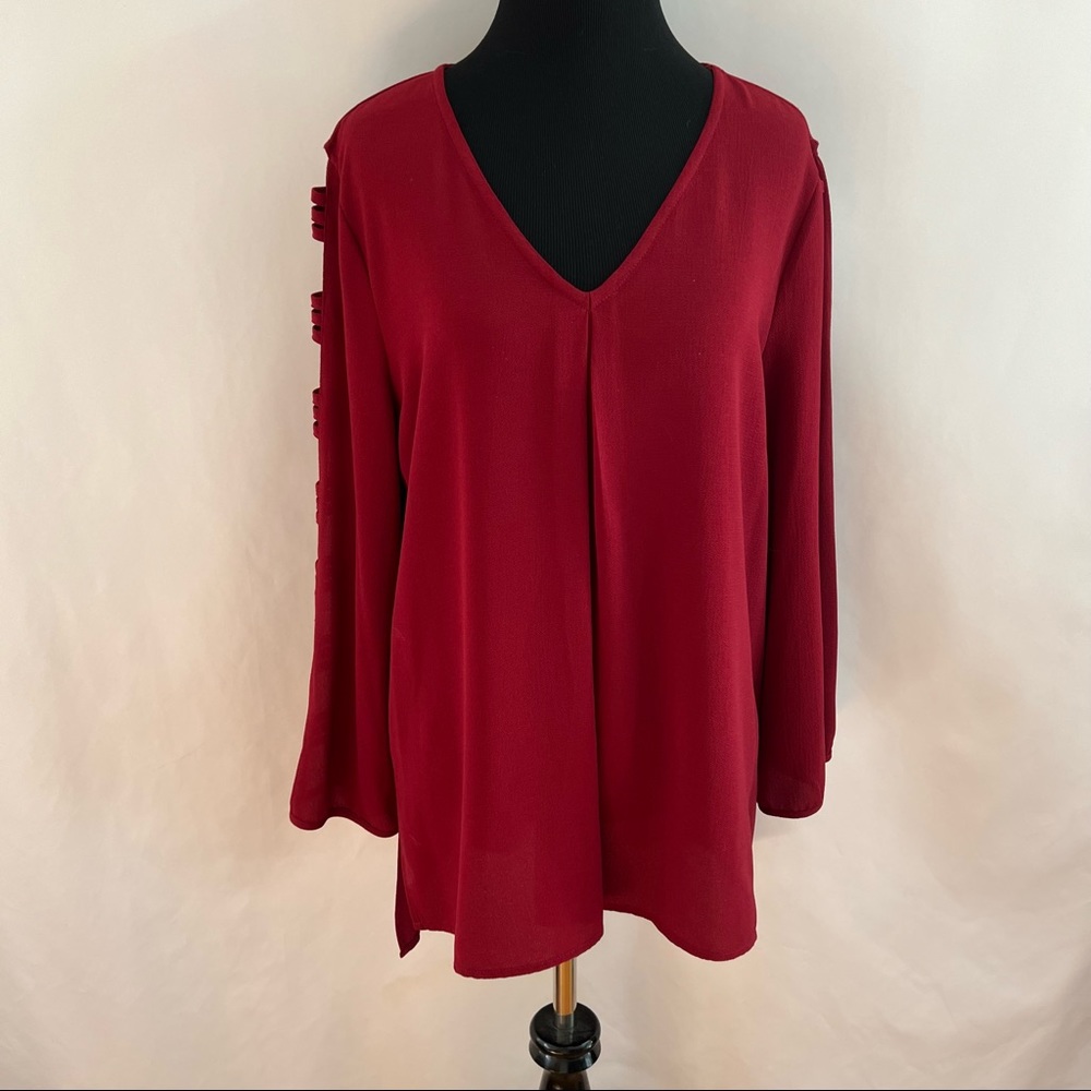 Spense Top Womens L Large Blouse 3/4 Sleeve Cut Out V-Neck Pleat Open Sleeves